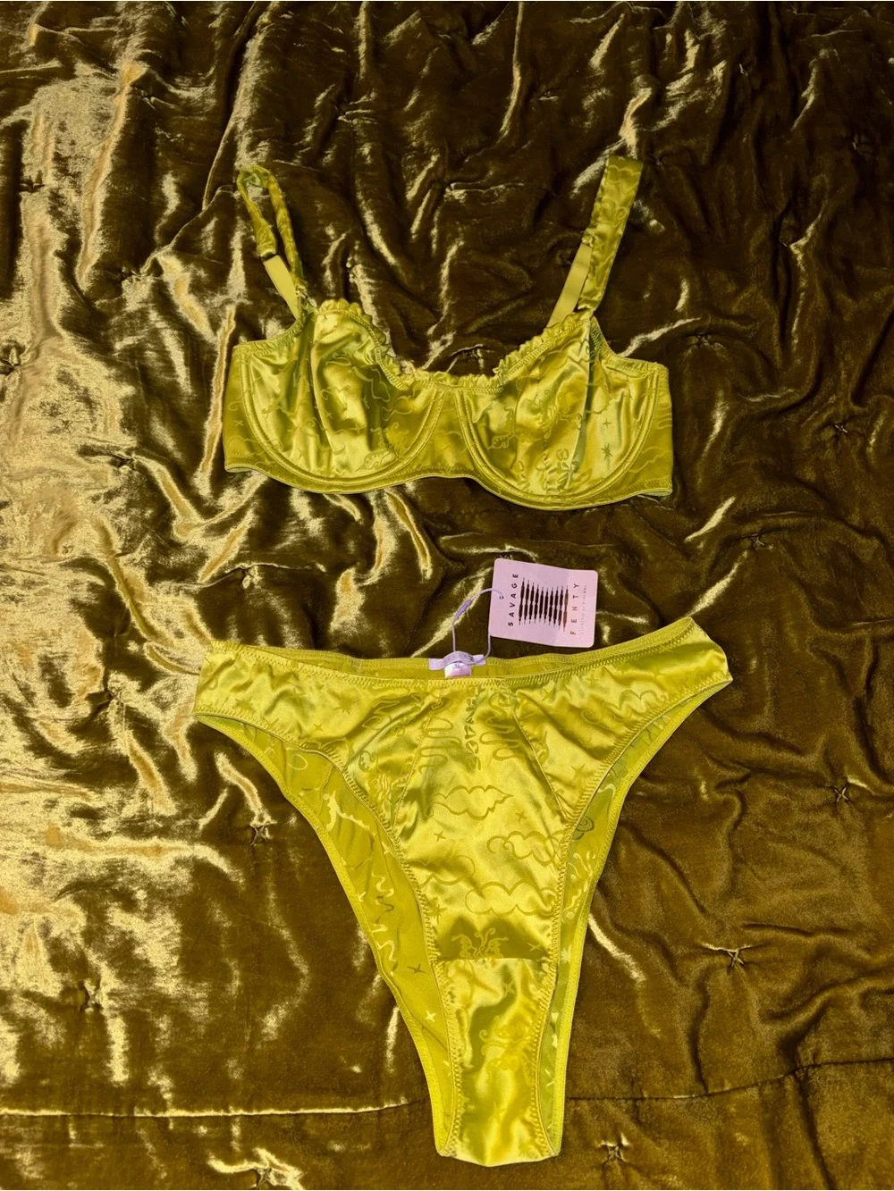 Savage X Fentyi Satin Underwire Bra & High-Cut panty set.